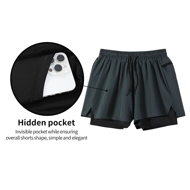 Wholesale Summer Men Shorts Training Running Phone Pocket 2 Layers Shorts Breathable Elastic Shorts
