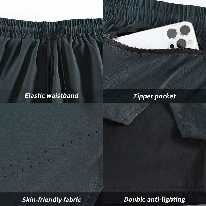 Wholesale Summer Men Shorts Training Running Phone Pocket 2 Layers Shorts Breathable Elastic Shorts